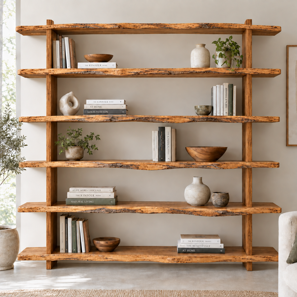 Estante Bosque 220 cm em iroko maciço, decorada numa sala clara