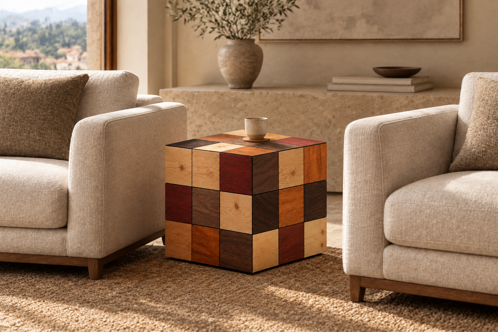 Cubo Seis Madeiras como mesa de apoio entre dois sofás individuais
