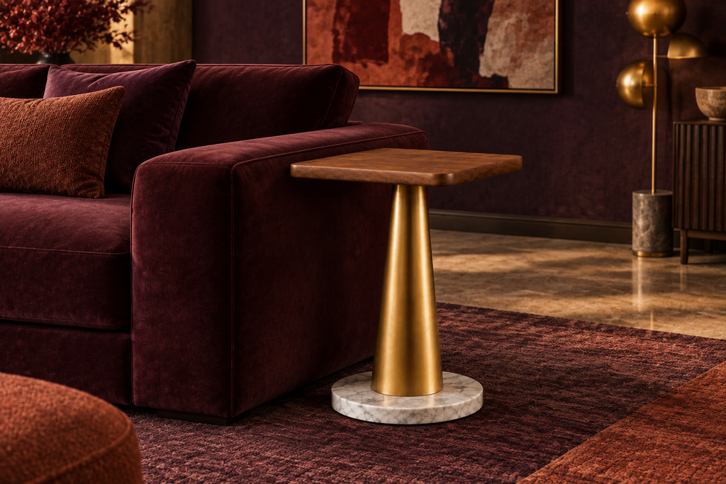 Mesa de apoio Áurea junto a sofá em veludo num ambiente sofisticado de tons escuros, com tampo quadrado em nogueira, pé dourado e base em mármore