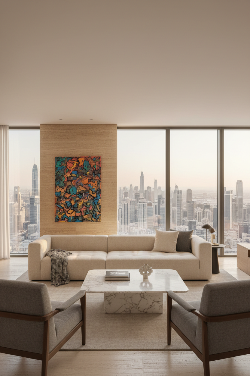 Caos Urbano de Rui Lemos apresentado num apartamento contemporâneo de luxo no Dubai, em escala realista