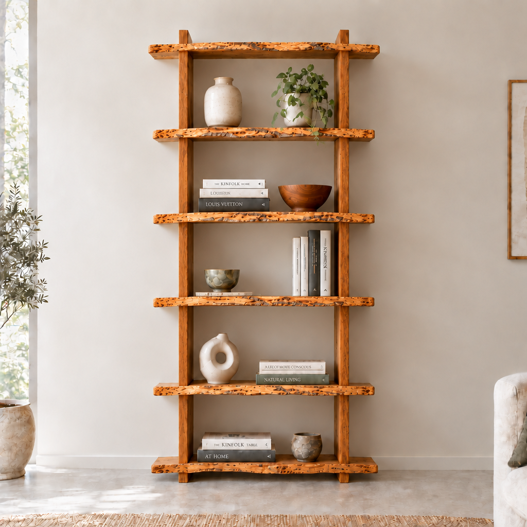 Estante Bosque em iroko maciço com 120 cm de largura, decorada numa sala clara