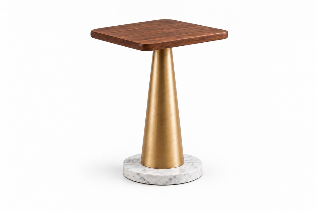 Vista lateral ilustrativa da mesa de apoio Áurea com tampo quadrado em nogueira, pé dourado e base circular em mármore